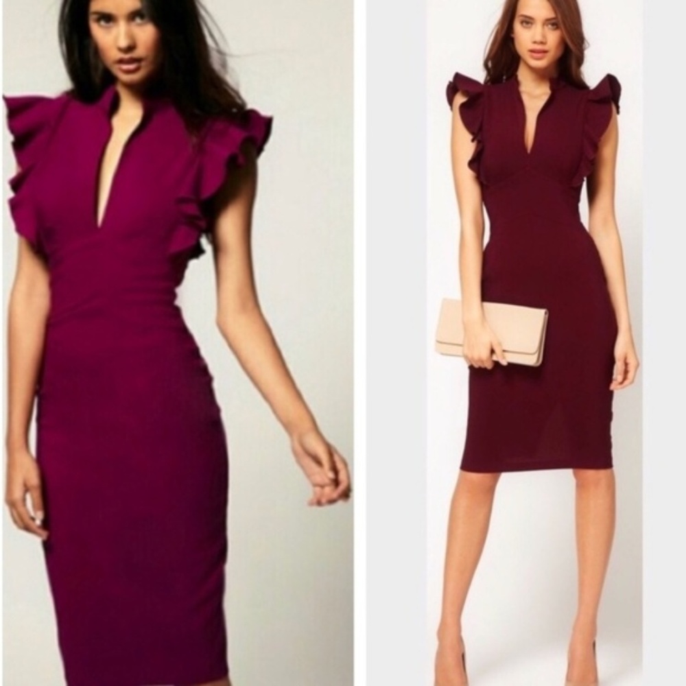 Black Halo Eva Keyhole Ruffle Burgundy Wine Dress